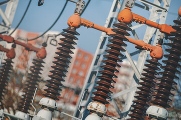 Detail of high voltage circuit breaker in a power substation.
