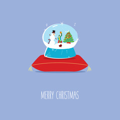 conceptual or creativity greeting card flat design style cartoon isolated vector & glass ball on a pillow with snow & snowflakes. one snowman, Christmas tree, gifts & santa claus. merry christmas time