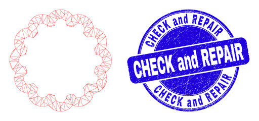 Web carcass inner gear icon and Check and Repair seal stamp. Blue vector rounded scratched seal with Check and Repair phrase. Abstract carcass mesh polygonal model created from inner gear icon.