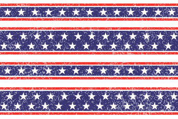 4th of July Stars and Stripes Seamless Pattern, colored as USA Flag. Red, Blue, White Stars and Lines Background for  American President Day, memorial day,  Grunge texture Vector Illustration