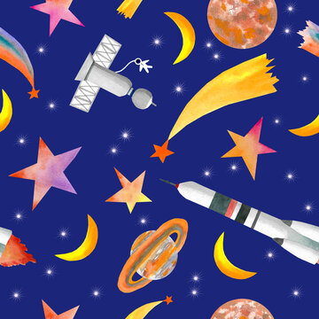 space rocket, planets and stars seamless pattern © Elena