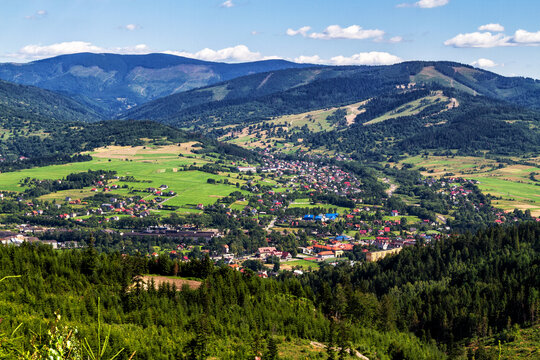 View of Polish Town Wegierska Gorka from Beskids Mountains