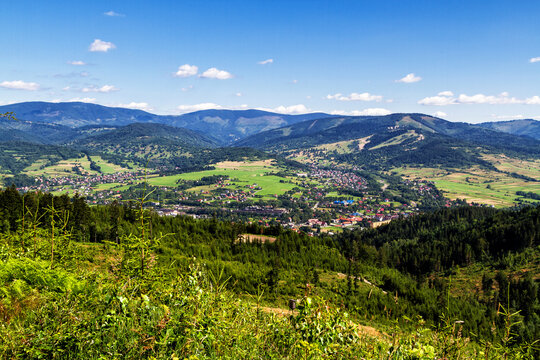 View of Polish Town Wegierska Gorka from Beskids Mountains