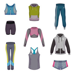 Gym Clothing or Athletic Apparel with Sports Trousers and Shorts Vector Set