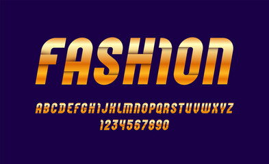 Fototapeta premium Trendy golden font, bright alphabet in the metallic style, letters and numbers, vector illustration 10EPS