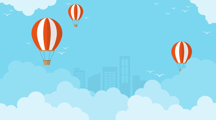 Cloud on top blue sky with white and red color balloons flat design cartoon style and many birds flying vector background illustration