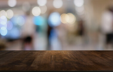 Wood Table Top in Blur Background room interior with empty copy space.