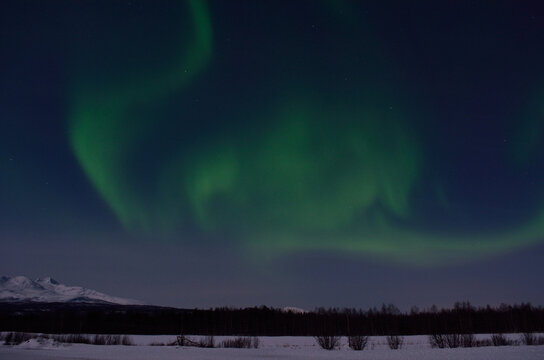 aurora borealis, northern light over winter landscape and snowy mountain