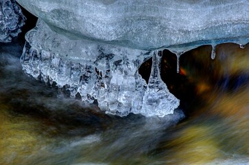 ice and icicle on freshwater river stream in winter, bracketing photo