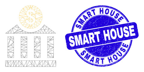 Obraz premium Web mesh dollar bank pictogram and Smart House seal stamp. Blue vector round grunge watermark with Smart House message. Abstract frame mesh polygonal model created from dollar bank pictogram.