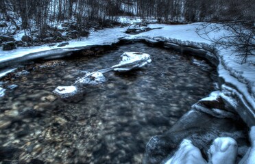 Fototapeta na wymiar frozen river stream in winter bracketing photo