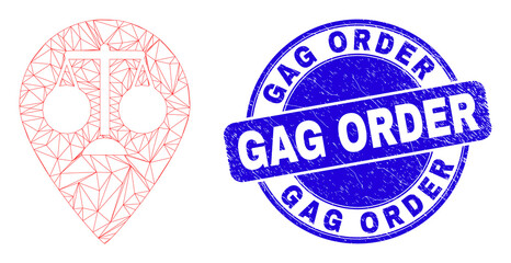 Web mesh justice map marker icon and Gag Order stamp. Blue vector rounded scratched stamp with Gag Order message. Abstract carcass mesh polygonal model created from justice map marker pictogram.