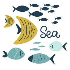 set of cute exotic fish, sea ocean, cartoon lettering vector illustration hand drawing