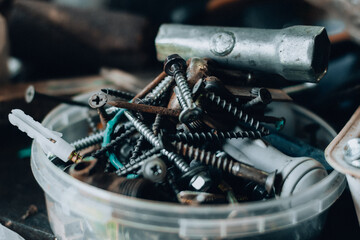 Old rusty tools for working with wood. Joiner's house construction work