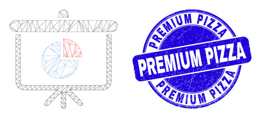 Web mesh pie chart demonstration board pictogram and Premium Pizza stamp. Blue vector rounded textured seal stamp with Premium Pizza phrase.