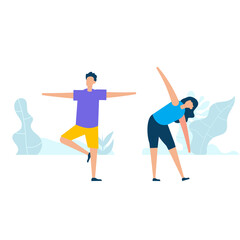 Fototapeta na wymiar Character design of young couple practicing stretching together in nature with healthy lifestyle concept. Vector illustration in flat style
