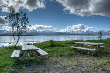 old benches with blue fjord and mountain landscape in summer