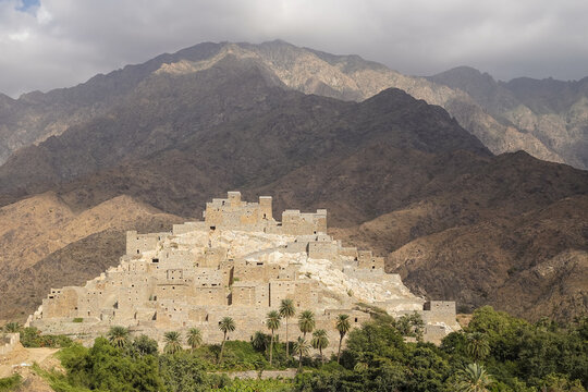 Amazing landscape of remote ancient Marble Village in Al Bahah locating against cloudy sky in summer cloudy day in Saudi Arabia