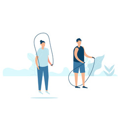 Character design of two young fitness man doing exercising with jumping ropes in nature with healthy lifestyle concept. Vector illustration in flat style