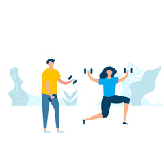 Fototapeta na wymiar Character design of young fitness couple exercising with holding dumbbell in nature with healthy lifestyle concept. Vector illustration in flat style