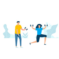 Character design of young fitness couple exercising with holding dumbbell in nature with healthy lifestyle concept. Vector illustration in flat style