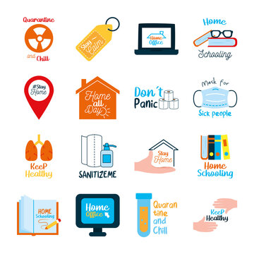 home schooling and coronavirus messages icon set