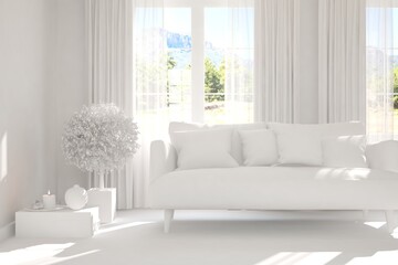 Stylish room in white color with sofa and green landscape in window. Scandinavian interior design. 3D illustration