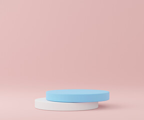 blue podiums on pink background. Abstract minimal scene with geometrical. Modern pedestal show cosmetic products presentation. Mock up design empty space. studio platform template. 3d render
