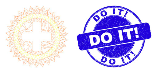 Obraz premium Web mesh medical cross pictogram and Do It! stamp. Blue vector round textured stamp with Do It! text. Abstract carcass mesh polygonal model created from medical cross pictogram.