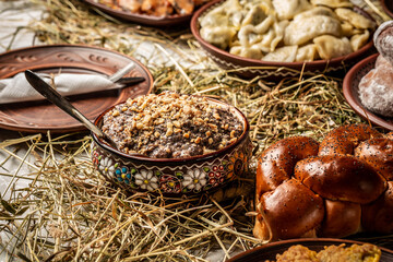 Christmas Eve. Holy evening, a table with 12 lenten dishes. Picture taken in Ukraine