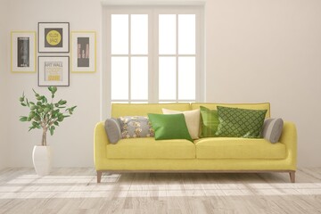 White stylish minimalist room with yellow sofa. Scandinavian interior design. 3D illustration