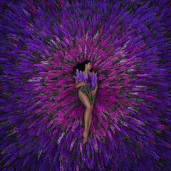 A beautiful brunette girl with a bouquet of purple flowers lying naked on a radial background of...