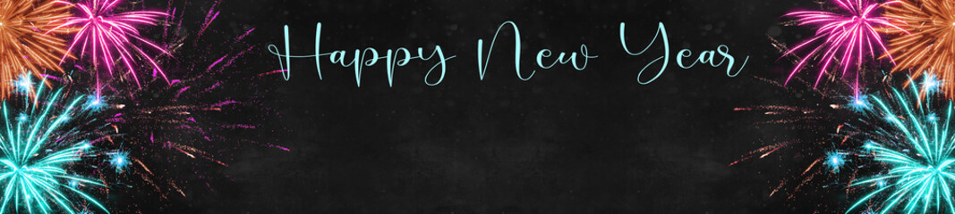 HAPPY NEW YEAR - Silvester background banner panorama long- Colorful firework on dark black grey night texture