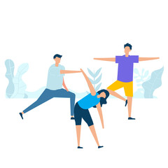 Fototapeta na wymiar Character design of group young people practicing stretching together in nature with healthy lifestyle concept. Vector illustration in flat style