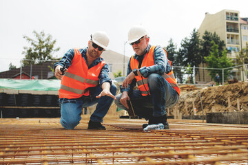 Managers, engineers discuss the further process of work on the construction site © romul014