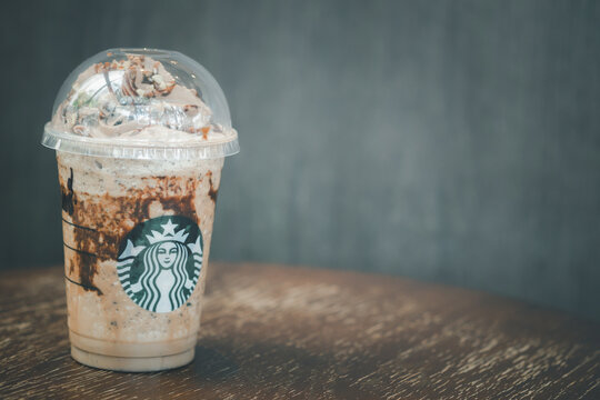 Samut Prakan, Thailand - June 18, 2020 : The new beverage from Starbucks is Choco-Choco Nutty Frappuccino, a chocolate-heavy treat that blends flavorful java chips with coffee.