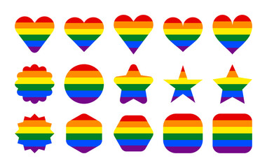 LGBT flag. Circle, star, hexagon, heart, square shapes. Set of signs in rainbow colors for use in LGBTQI Pride Event, LBGT Pride Month or Gay Pride Symbol. Vector illustration in EPS file format