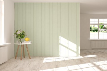 White minimalist empty room with table. Scandinavian interior design. 3D illustration
