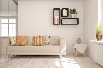 White stylish minimalist room with sofa. Scandinavian interior design. 3D illustration