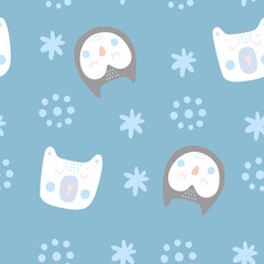 A pattern of cute bears and owls with abstract elements on blue background. Seamless pattern with cute animals. Can be used for childrens clothing or other childrens goods. Soft and pleasant colors.