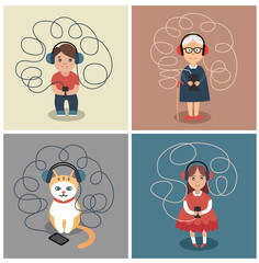People and cat in big blue headphones listening to music on mobile phone. Very long wire from headphones. Vector illustration, flat concept.