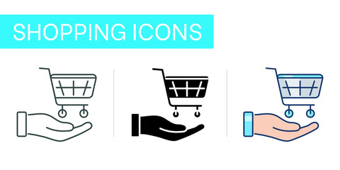 Icons set, shopping cart with hand