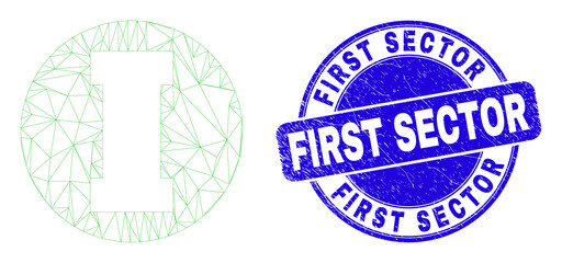 Web carcass first pictogram and First Sector seal stamp. Blue vector rounded grunge seal stamp with First Sector message. Abstract frame mesh polygonal model created from first pictogram.