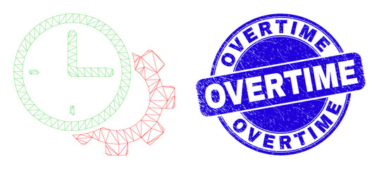 Web mesh time settings gear pictogram and Overtime stamp. Blue vector round grunge seal stamp with Overtime title. Abstract frame mesh polygonal model created from time settings gear pictogram.