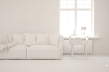 White room with sofa. Scandinavian interior design. 3D illustration
