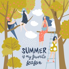 Happy cartoon people sitting on tree. Hello summer