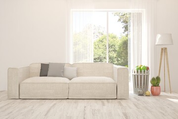 White stylish minimalist room with sofa and summer landscape in window. Scandinavian interior design. 3D illustration