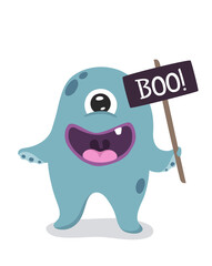 Cartoon cute monster mascot. Poster for baby room. Childish print for nursery. Design can be used for fashion t-shirt, greeting card, baby shower. Halloween vector illustration.