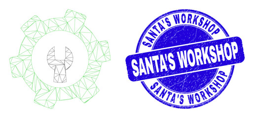 Fototapeta premium Web mesh repair gear icon and Santa'S Workshop seal stamp. Blue vector rounded textured seal stamp with Santa'S Workshop phrase. Abstract frame mesh polygonal model created from repair gear icon.