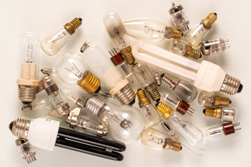A variety of lighting bulb. Retro incandescent, halogen and mercury